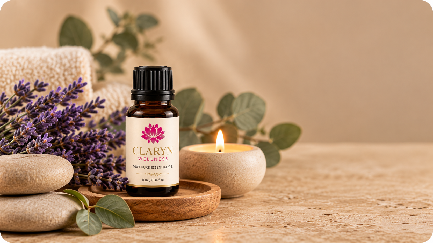 CLARYN WELLNESS essential oil with lavender, candle and eucalyptus