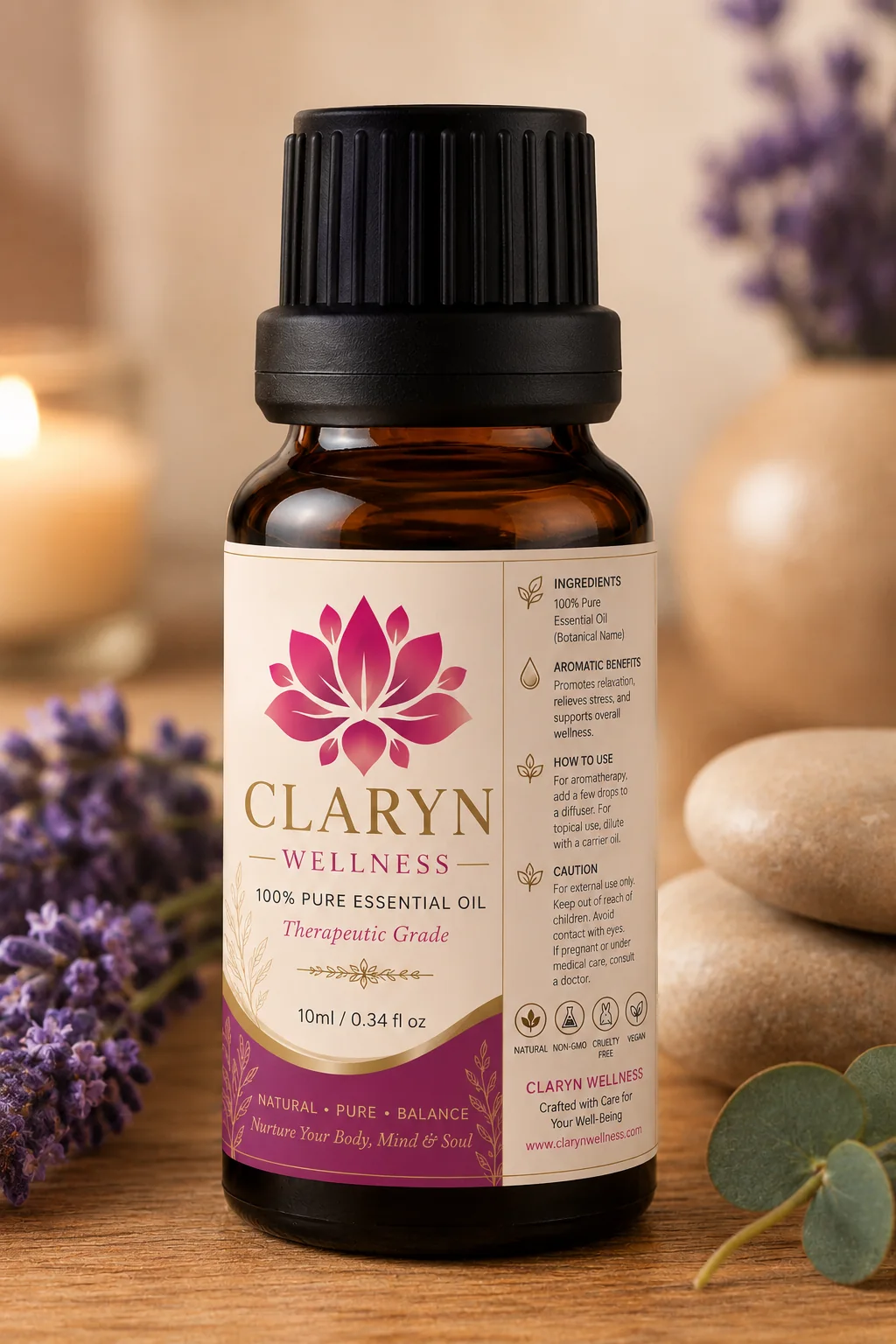 CLARYN WELLNESS essential oil bottle with lavender and spa stones