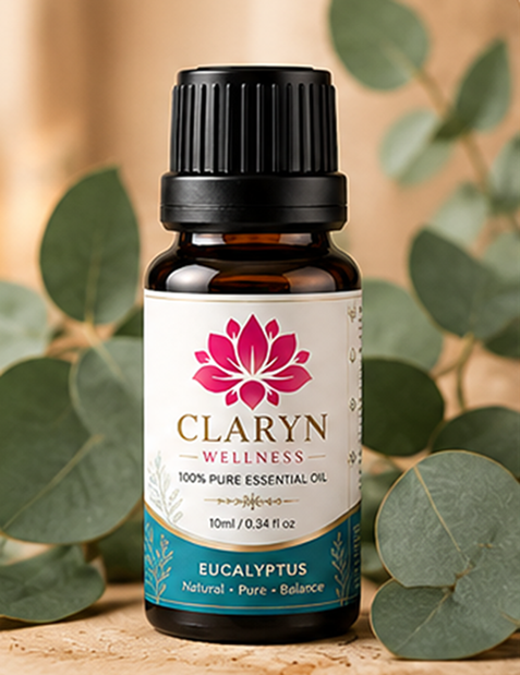 CLARYN WELLNESS Eucalyptus essential oil bottle with botanical ingredients