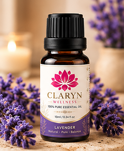 CLARYN WELLNESS Lavender essential oil bottle with botanical ingredients