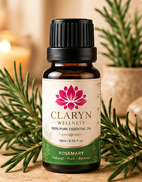 CLARYN WELLNESS Rosemary essential oil bottle with botanical ingredients