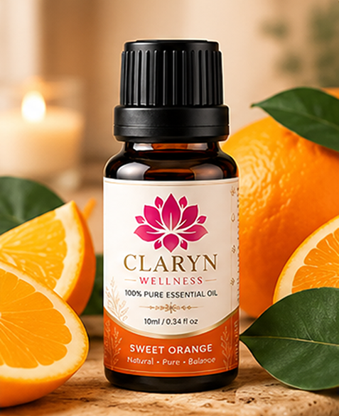 CLARYN WELLNESS Sweet Orange essential oil bottle with botanical ingredients